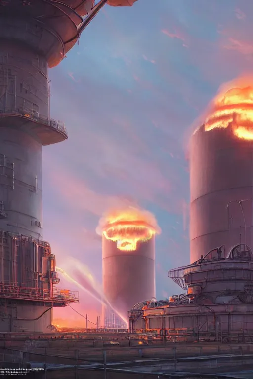 Image similar to a highly detailed matte painting of a soviet steampunk nuclear power station on fire at night by studio ghibli, makoto shinkai, by artgerm, by wlop, by greg rutkowski, volumetric lighting, octane render, 4 k resolution, trending on artstation, masterpiece