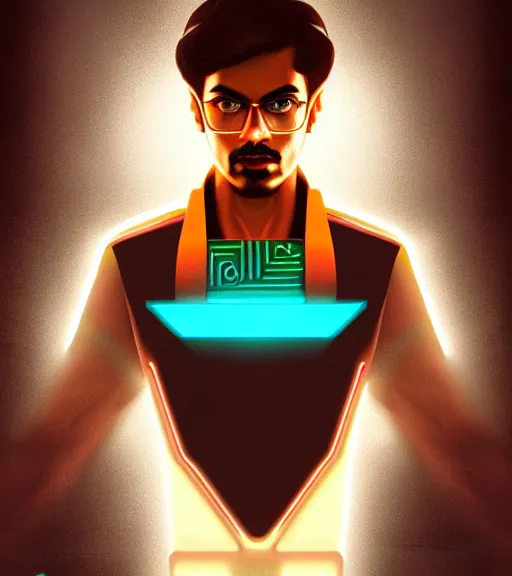 Image similar to symmetry!! indian prince of technology, solid cube of light, hard edges, product render retro - futuristic poster scifi, lasers and neon circuits, brown skin handsome indian prince, intricate, elegant, highly detailed, digital painting, artstation, concept art, smooth, sharp focus, illustration, dreamlike, art by artgerm