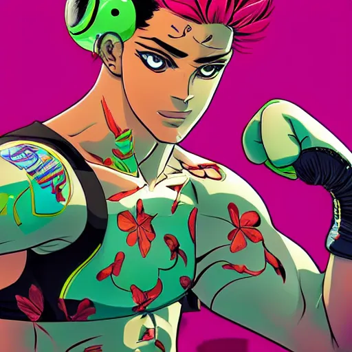 Prompt: handsome boxer, punching, wearing neon boxing outfit, bodybuilder posing, portrait surrounded by hibiscus flowers, jojo cover art, jojo anime style, david production, style of vento aureo cover art, style of stone ocean cover art, style of steel ball run cover art, style of jojolion cover art, ilya kuvshinov style, illustrated by hirohiko araki