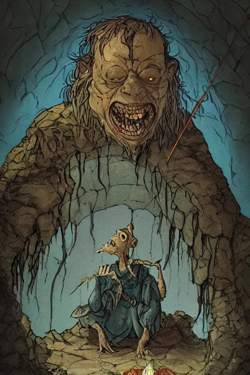 Prompt: dungeon master from d&d cartoon sitting in cave like gollum eating fish, in the style of Greg Broadmore and Arthur Rackham and Moebius, trending on artstation, light lighting side view,digital art,surrealism ,macro,blueprint ,vaporwave ,