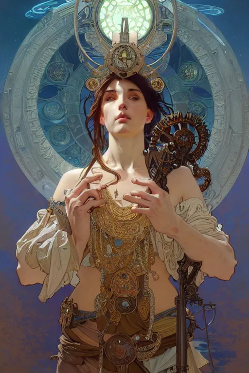 Image similar to highly detailed portrait of god ares, alphonse mucha, stephen bliss, unreal engine, fantasy art by greg rutkowski, rhads, ferdinand knab, makoto shinkai and lois van baarle, ilya kuvshinov, rossdraws, tom bagshaw, global illumination, radiant light, detailed and intricate environment, steampunk