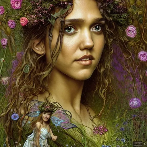 Prompt: head and shoulders portrait of a flowering fey fairy warlock portrayed by young jessica alba, in a magical forest, d & d, fantasy, luis royo, magali villeneuve, donato giancola, wlop, krenz cushart, hans zatka, klimt, alphonse mucha