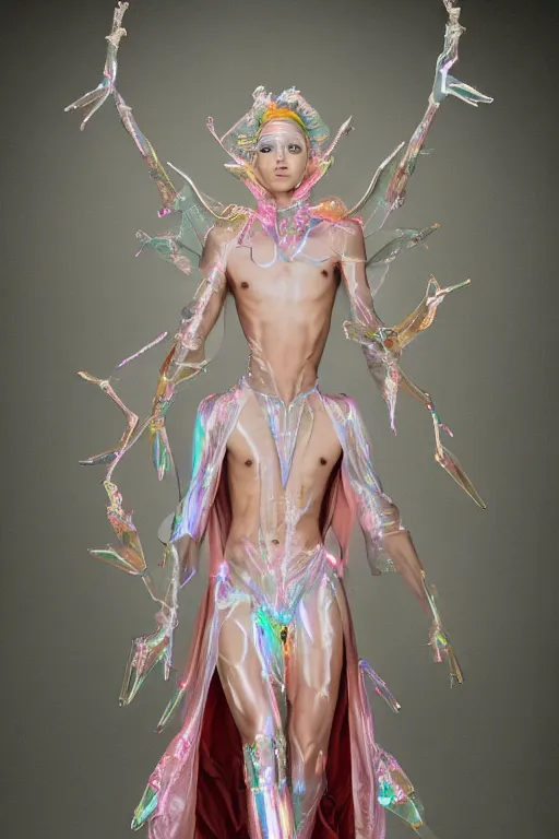 Image similar to full-body rococo and cyberpunk delicate neon crystalline sculpture of ((muscular slender albino prince Zayn Malik con la piroca dura)) as an iridescent humanoid deity wearing a thin see-through ((plastic hooded cloak)) sim roupa (holding a human skull), reclining con (((las piernas abiertas))), glowing pink face, crown of (((white lasers))), large diamonds, swirling black silk fabric. futuristic elements. oozing glowing liquid, full-length view. space robots. intricate artwork by caravaggio. Trending on artstation, octane render, cinematic lighting from the right, hyper realism, octane render, 8k, depth of field, 3D