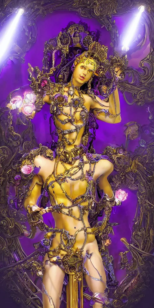 Image similar to a young beautiful Spanish metal android with a large glowing yellow lit crystal in the center of her chest, full-body bronze cyberpunk style statue of Venus with glowing purple eyes, crown of mechanical peach roses, flowing teal-colored silk, fabric, steampunk flowers. baroque elements, human skull. full-length view. baroque element. intricate artwork by caravaggio. many flying horses on background. Trending on artstation, octane render, cinematic lighting from the right, hyper realism, octane render, 8k, depth of field, 3D