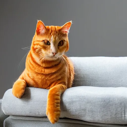 Prompt: an orange lazy tabby cat on a sofa studio lighting goofy foggy