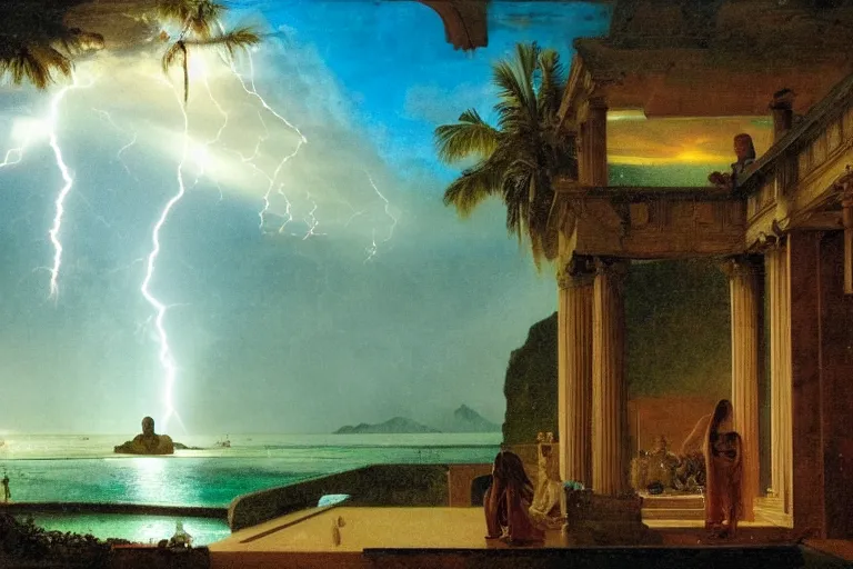 Image similar to From inside of the palace, refracted lightnings on the ocean, thunderstorm, greek pool, beach and Tropical vegetation on the background major arcana sky and occult symbols, by paul delaroche, hyperrealistic 4k uhd, award-winning, very detailed paradise