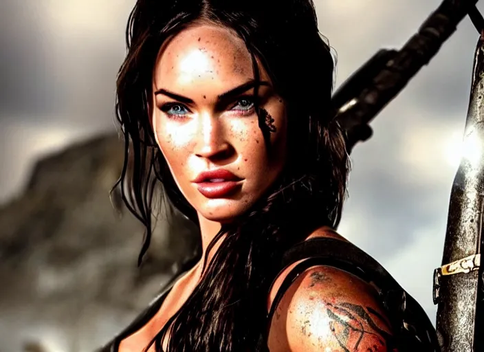 Image similar to megan fox as lara croft, magic and fantasy, highly detailed face, specular reflection, occlusion shadow, intricate, bokeh, masterpiece