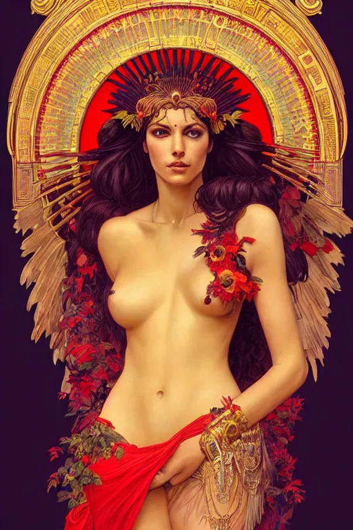 Prompt: monica belucci as the goddess hera, paper dress, volumetric lights, red and cyan theme, art nouveau botanicals, intricate, highly detailed, digital painting, artstation, concept art, smooth, sharp focus, symmetric face, illustration, art by artgerm and greg rutkowski and alphonse mucha