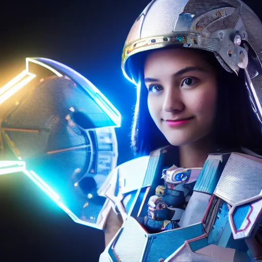 Prompt: centered medium shot fine studio photograph of a young woman wearing only a futuristic mecha Mayan helmet with bright lights, ultra-realistic, white background, 8k HDR, intricate