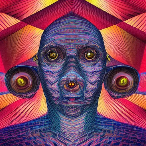 Prompt: ''hyperrealistic 5d shaped 3rd eyed insectoid dmt looking into your soul entity intricate pablo amaringo vermeer geometric pattern landscape as background highly detailed realistic macro 4k''