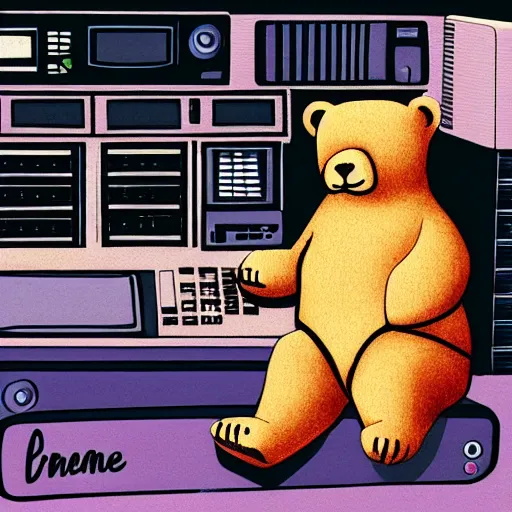 Image similar to A bear sitting in front of a 90s compute, cute, pastel, bubbly