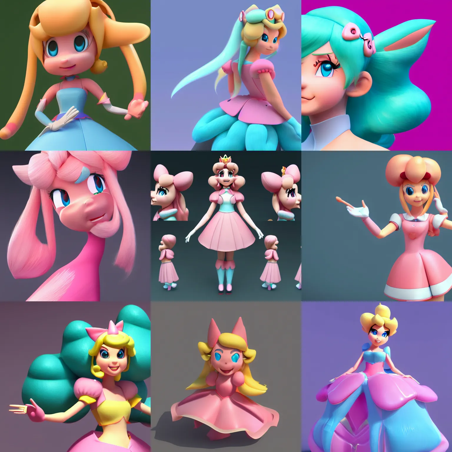Prompt: Princess Peach character model, stylized, artstation, by Disney Pixar, acescg colorspace, inspired by Hatsune Miku, cycles render 4k