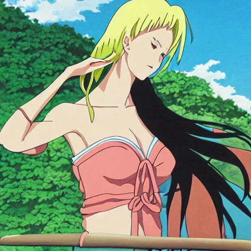 Image similar to sensual painting of an anime female waving at the viewer by studio ghibli, cel shading, highly detailed