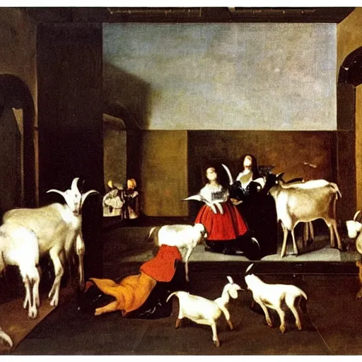 Prompt: las meninas but with goats, diego velazquez, oil on canvas, spanish golden age, detailed