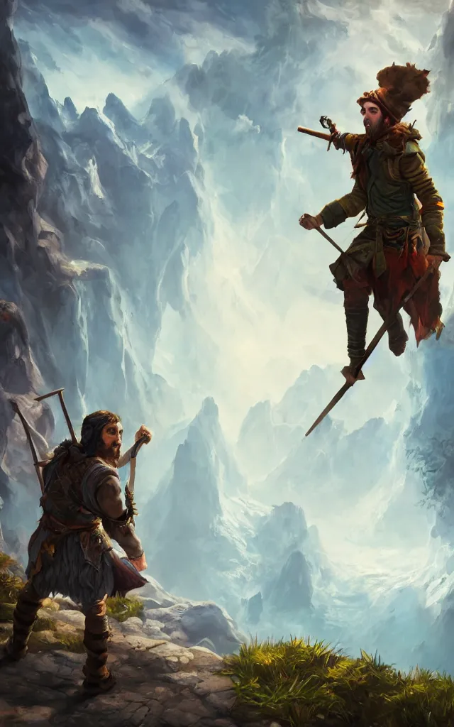 Image similar to an oil art painting of young handsome fool adventurer with hobo stick bindle rucksack, grim gwent card, gipsy mage adventurer character design from inquisition, climbing up a cliffside, 4 k, ultra detail, volumetric lighting, unreal engine, octane render