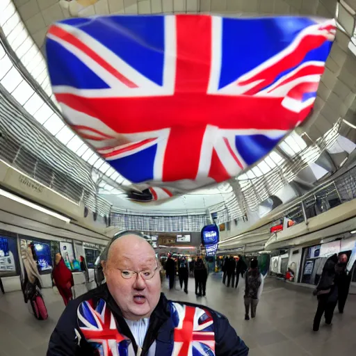 Image similar to fat middle aged british man waving british flag in shinjuku station, high resolution photo, fish eye lens, comedic
