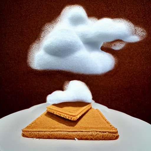 Image similar to graham cracker sailboat floats in a sea of hot chocolate, marshmallow cloud in sky above, abstract environment, award winning art, epic dreamlike fantasy landscape, ultra realistic,