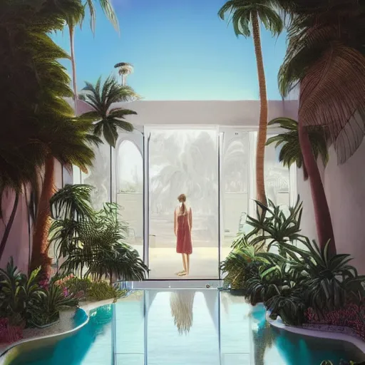 Image similar to indoor liminal space, golden light, peter tarka, palm trees, pink door, minimalistic, hyperrealistic surrealism, award winning masterpiece with incredible details, epic stunning, infinity pool mirrors, a surreal vaporwave liminal space with mirrors, highly detailed, trending on artstation, artgerm and greg rutkowski and alphonse mucha, daily deviation