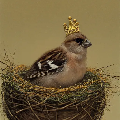 Image similar to long shot of a cute furry sparrow chick nesting in a golden metal crown, by esao andrews, by m. w. kaluta, volumetric light, fresh colors, ultra humorous oil painting, realistic reflections, floral background, smooth, concept art, depth perception, high depth of field, 4 k, unreal engine 5, ultradetailed, hyperrealistic, trending on artstation