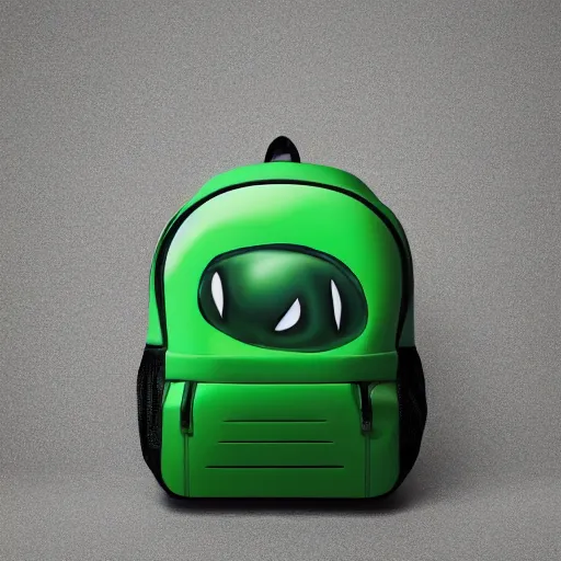 Image similar to A hyperrealistic green backpack with a face smiling, studio lighting, photoshoot, 8k, trending on artstation