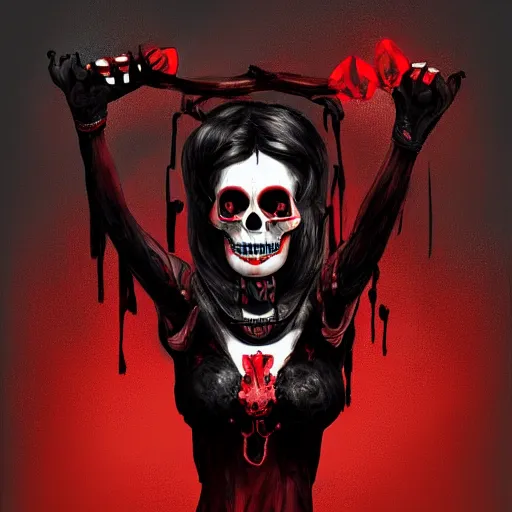 Prompt: Female death holding a red and black skull with the top cut off in one hand up to her face like hamlet, kodachrome, high contrast, highly detailed, sharp focus, digital painting, concept art, illustration, trending on artstation,