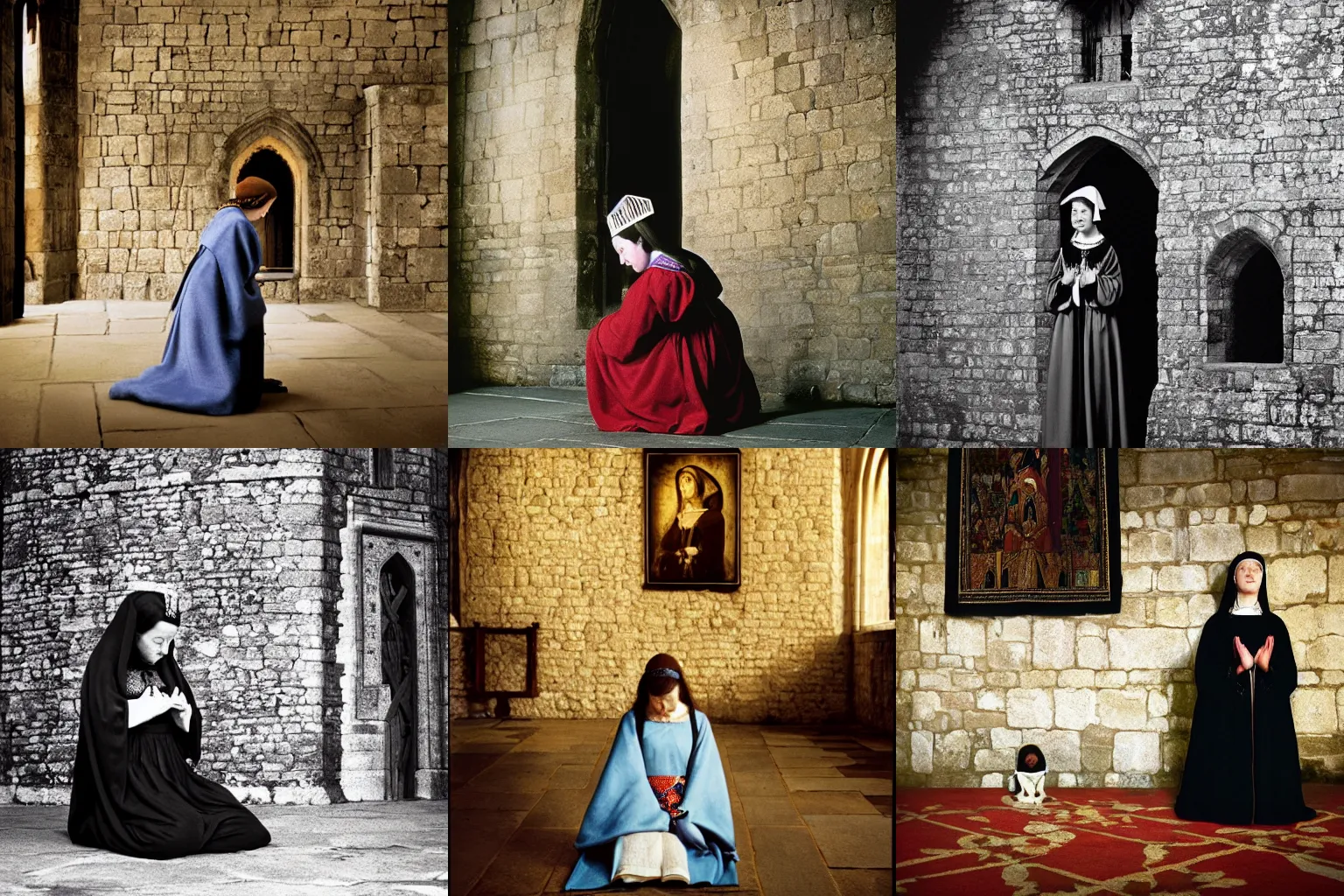 Prompt: high quality large format photograph of anne boleyn praying in the tower of london by steve mccurry