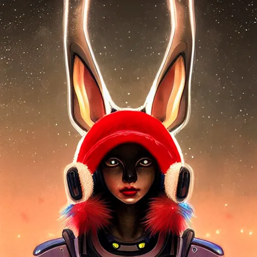 Image similar to portrait futuristic fennec fox animal, wearing a santa hat on their head, in future cyberpunk tokyo rooftop , sci-fi, fantasy, intricate, very very beautiful, elegant, human anatomy, neon light, highly detailed, digital painting, artstation, concept art, smooth, sharp focus, illustration, art by tian zi and WLOP and alphonse mucha