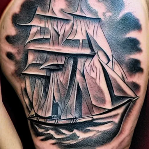 Image similar to A pirate ship tattoo design in the style of Dmitriy Samohin, hyper realistic tattoo