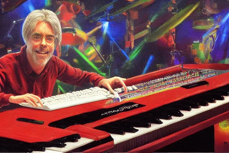 Prompt: portrait of michael mcdonald playing keyboard on stage at chuck e cheese, an oil painting by ross tran and thomas kincade