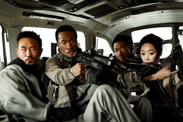 Image similar to movie diverse interracial team of Japanese robbers armed with rifles interior clean futuristic tactical van, beautiful skin, Symmetrical faces. natural lighting by Emmanuel Lubezki