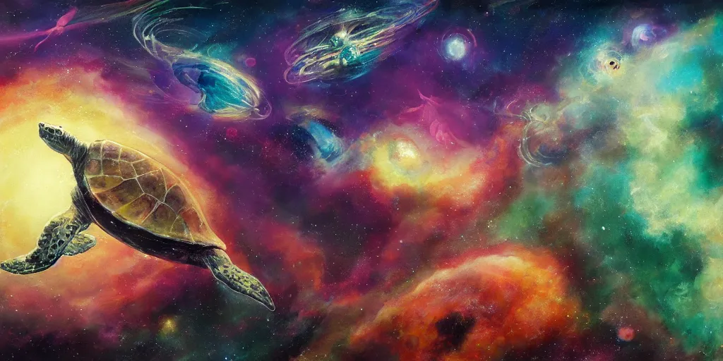 Image similar to painting of sea creatures swimming through space, sea turtles, sting rays whales, colorful nebulas, planets, 8 k resolution in the style of artem demura, moebius