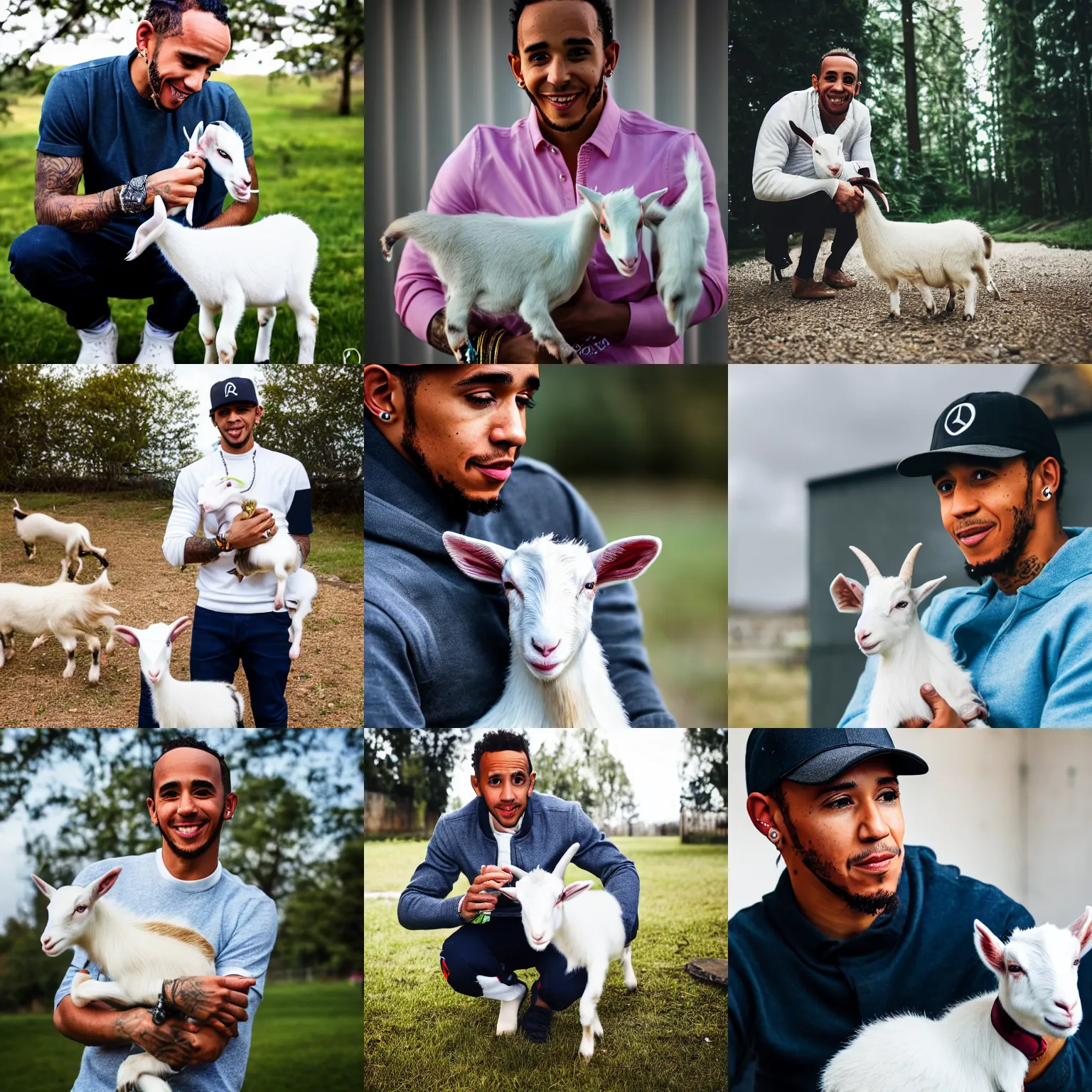 Prompt: lewis hamilton holding a baby goat, ( sony a 7 r iv, symmetric balance, polarizing filter, photolab, lightroom, 4 k, dolby vision, photography awardm, voque, perfect face )