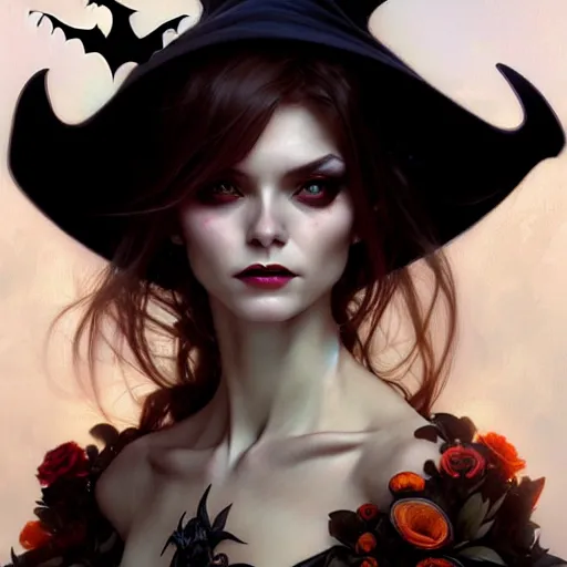 Image similar to halloween funny witch woman, fantasy magic, undercut hairstyle, intricate, elegant, sharp focus, illustration, highly detailed, digital painting, concept art, matte, art by wlop and artgerm and greg rutkowski and alphonse mucha, masterpiece