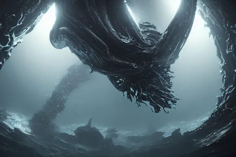 Prompt: dark underwater alien ocean, squidlike aliens, hyper realistic, ambient lighting, concept art, intricate, hyper detailed, smooth, dynamic volumetric lighting, octane, raytrace, cinematic, high quality, high resolution, 4 k, cgsociety, rutkowski, gurney, giger