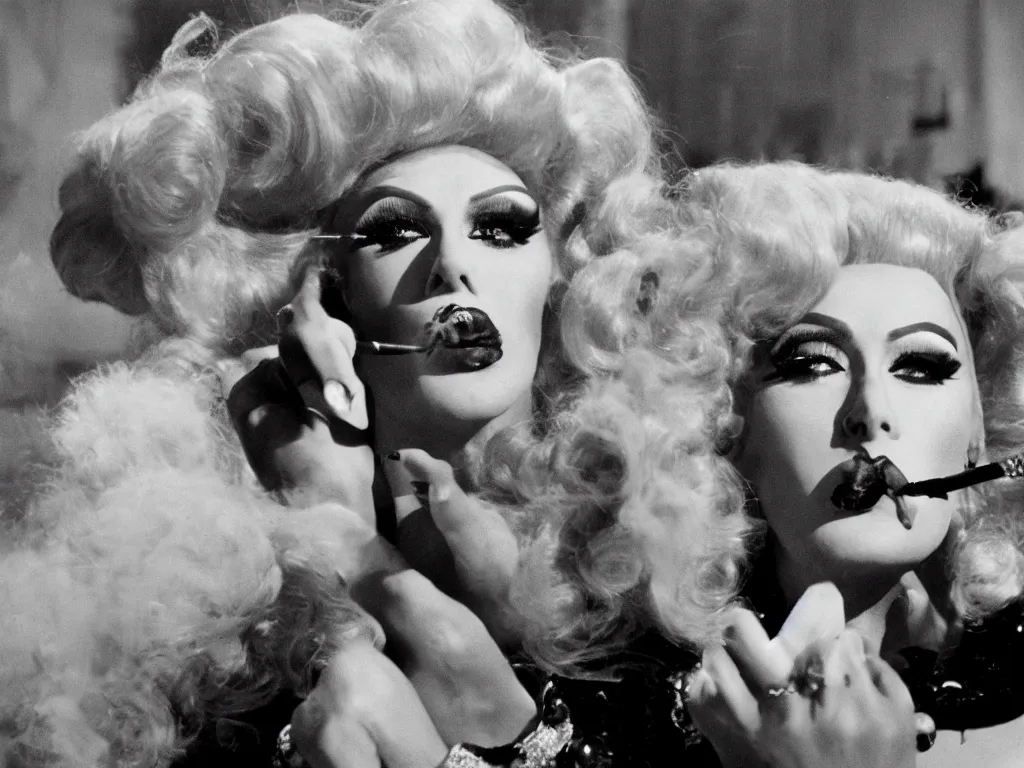 Image similar to Film still of a single glamorous drag queen with heavy makeup and a big wig smoking a cigarette in a Federico Fellini film, 8 1/2, la dolce vita, highly detailed, 8k, cinematic