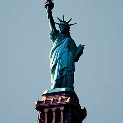 Prompt: professional cityscape photo of the statue of liberty as a native indian with head dress, coper cladding