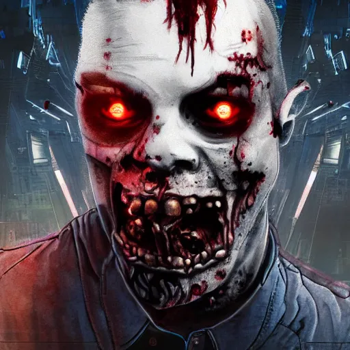 Prompt: a zombie holding a severed head, futuristic city, synthwave, highly detailed face, fantasy, epic, high quality