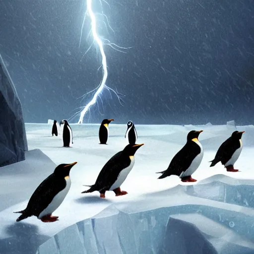 Prompt: penguins walking at night in a snowstorm, epic, illuminated by flashes of lightning, emerging from shattering glaciers in antarctica, very detailed, digital painting, concept art, cgsociety, artstation, beeple, octane render, norman rockwell, intricate