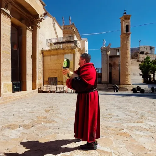 Image similar to a man wearing a roman costume drinking a coffee in alhaurin de la torre in spain