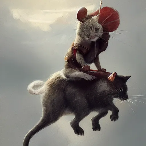 Prompt: a heroic mouse riding on the back of a prancing cat, photography, hyperrealistic, by greg rutkowski, smooth, illustration, elegant, artstation, digital painting.