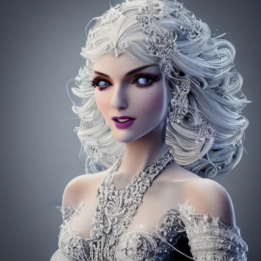 Image similar to portrait of wonderfu princess of white diamonds with fair skin, white hair, white flowers, ornate with white diamonds, 8 k, gorgeous, intricate, detailed, glowing white accent lighting, dramatic lighting, octane render