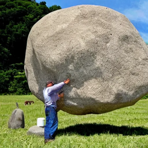 Image similar to a farmer milks a large rock that has udders.