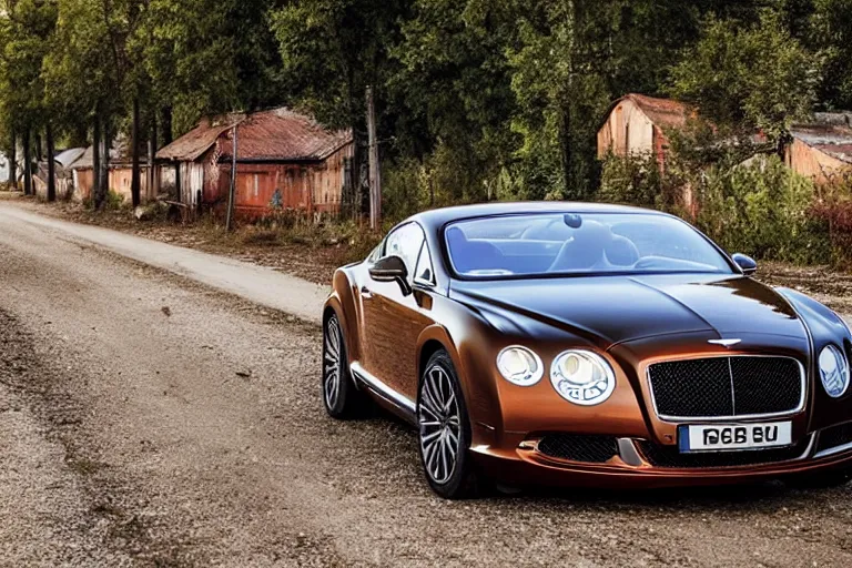 Image similar to modern rusty Bentley Continental GT drives along the road of an old Russian village with houses at the edges