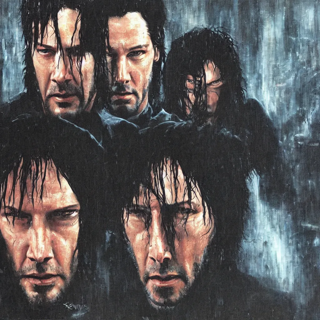 Prompt: A Les Edwards painting of Keanu Reeves in The Matrix movie