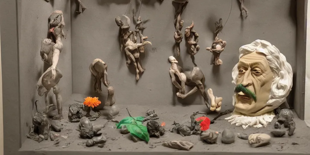 Image similar to plasticine sculpture stop motion. salvador dali clay models. gallery paintings of flowers. visitors. room with a small hole in wall. john craxton. high detail. photorealistic