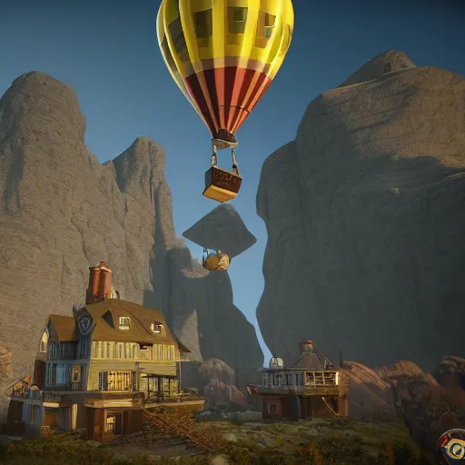 Prompt: hot air balloon carrying a hotel by H.P. Lovecraft, 8k, epic scene, scifi, unreal engine, masterpiece.