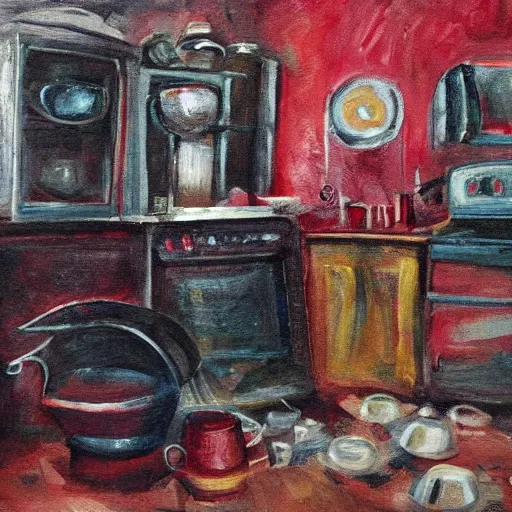 Image similar to oil painting still of kitchen sink full of dirty dishes with red smoke coming out, angry man, high detail