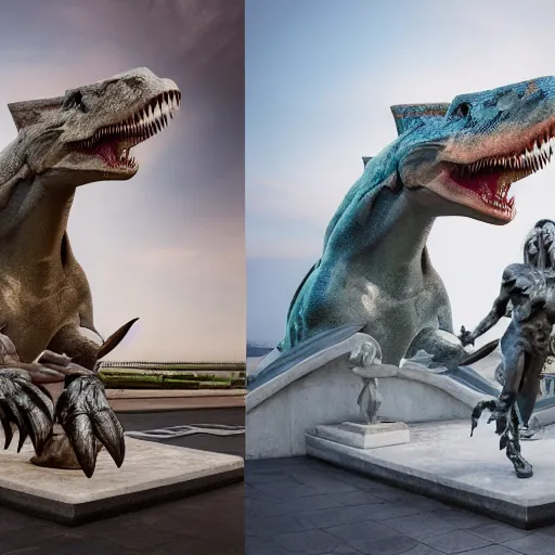 Image similar to statue of tyrannosaurus rex with shark head, made of white marble with gold veins, hyper realistic, hyper detailed, fujicolor superia photo, by johannen voss, by peter kemp, by monia merlo, by michelangelo, octane render