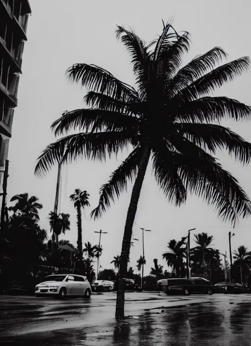 Prompt: a palm tree sitting on top of a wet sidewalk, a photo by rodolfo escalera, unsplash, hypermodernism, ominous vibe, ominous, apocalypse landscape