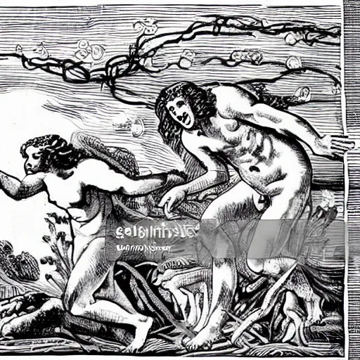 Image similar to TV News footage of Adam and Eve fleeing Eden